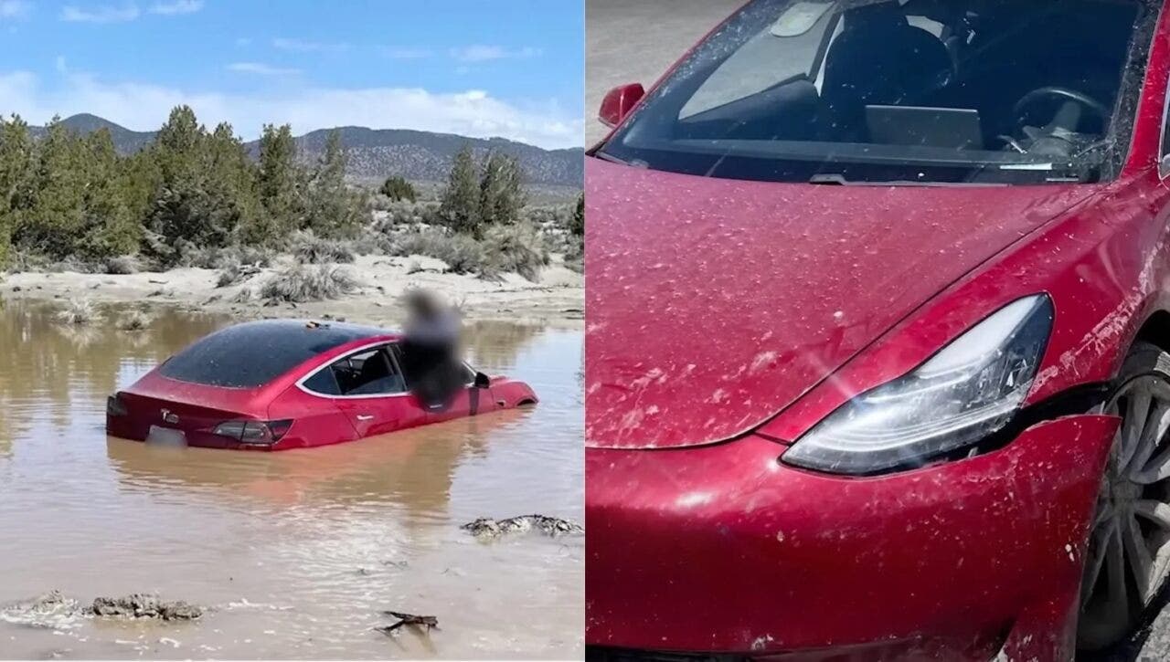 Tesla Model 3 cade in una strada allagata