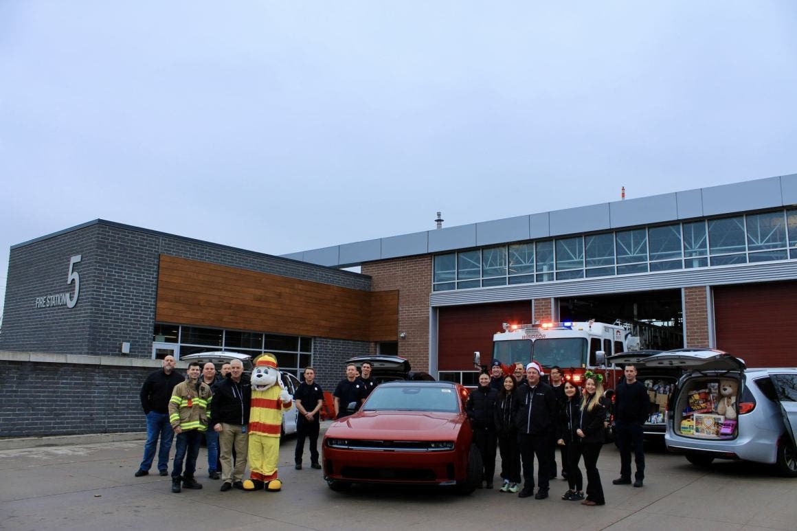 new Dodge Charger and Chrysler Pacifica minivans deliver $20,000 worth of new toys on behalf of employees at Stellantis' Windsor plant for “Sparky's Toy Drive.”